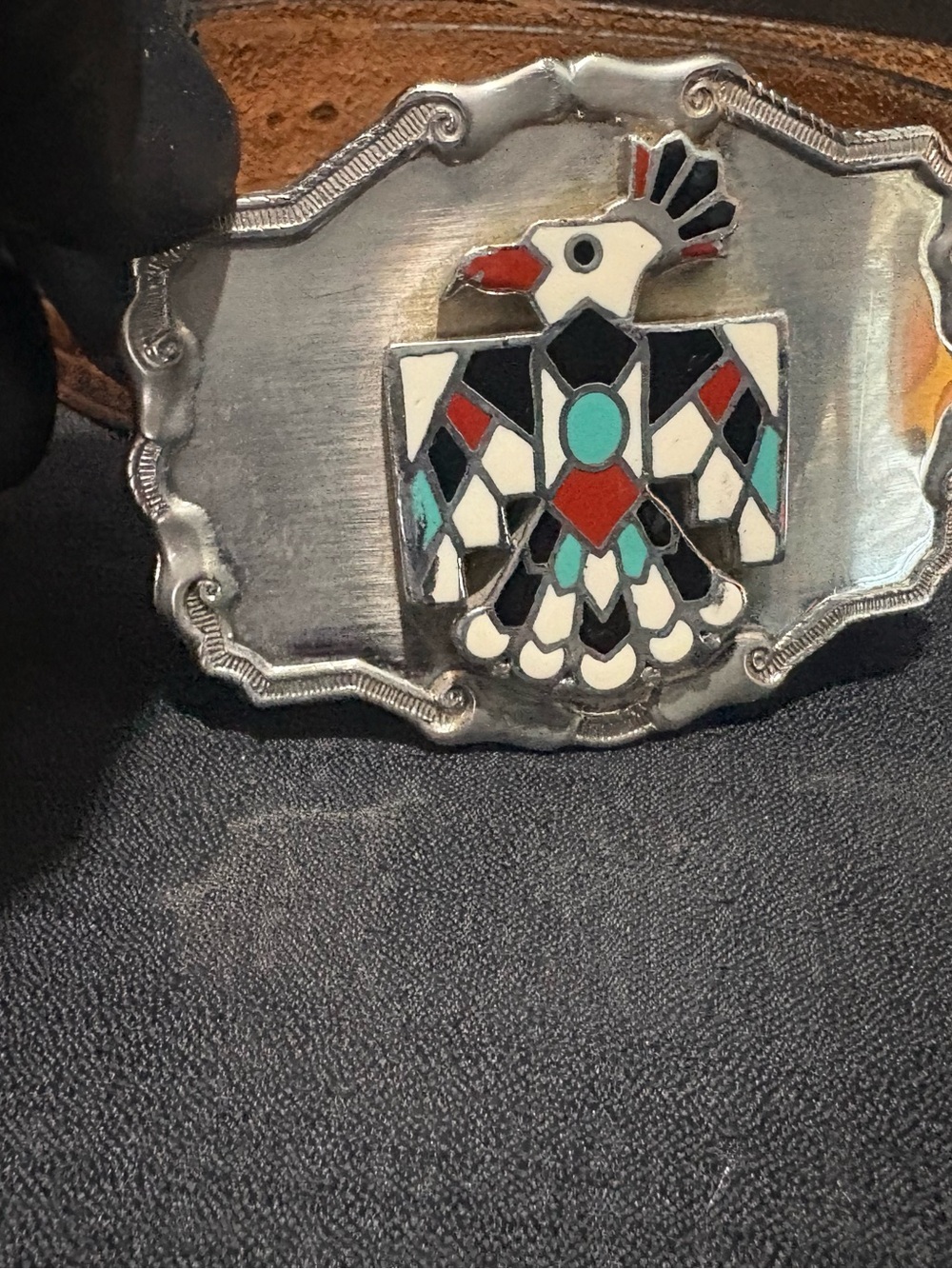 VTG. Raintree Native Southwest Thunderbird Silver Belt Buckle Leather Belt 77-81 - Picture 2 of 14